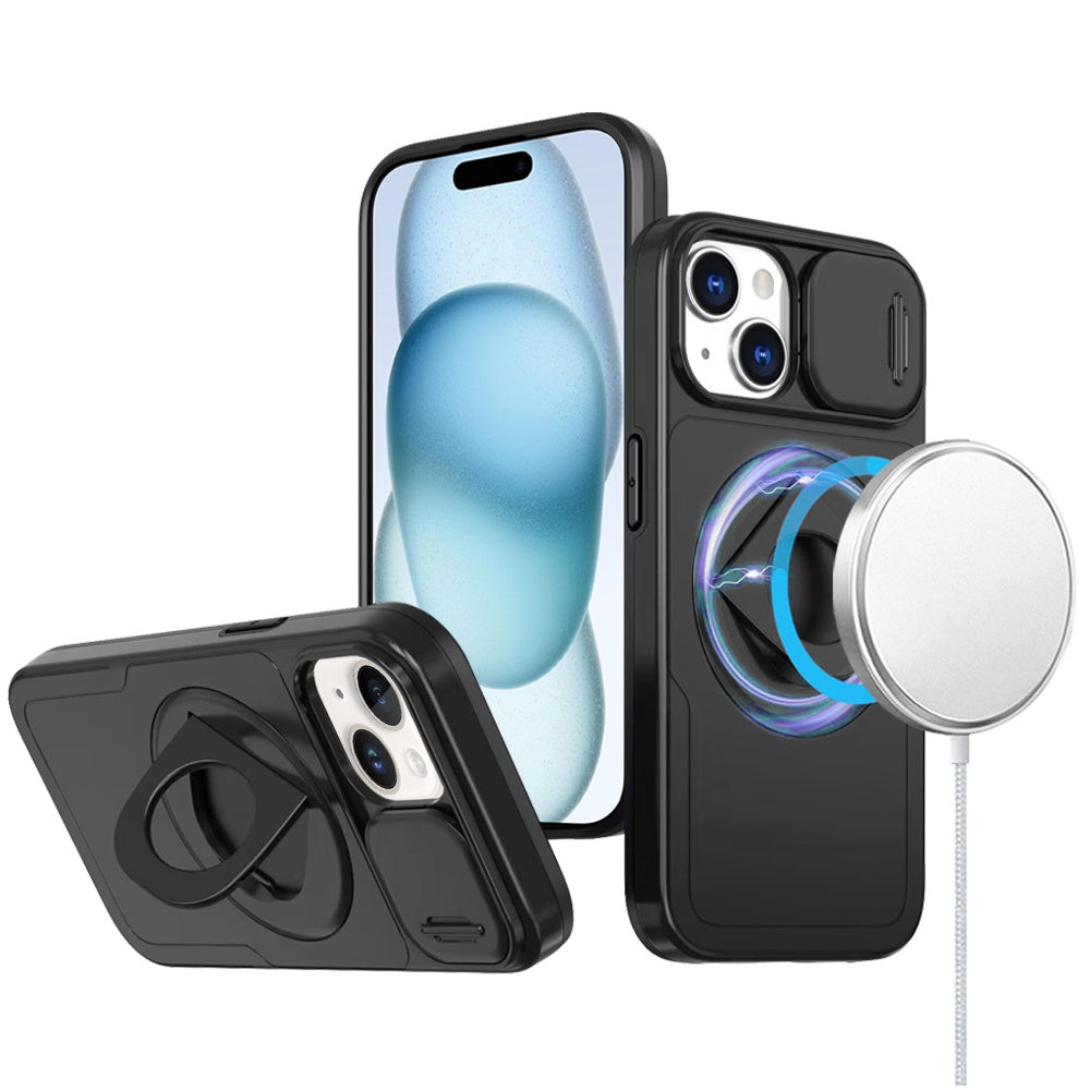 For Apple iPhone 14 /13 Full Coverage with Camera Window, Magnetic Circle, Rotatable Ring Stand, MagSafe Compatible, Shockproof Hybrid Protectiv Case Cover