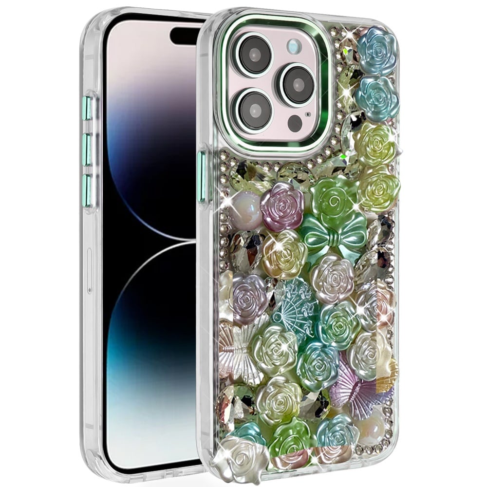 For iPhone 14 Pro Max (6.7") Muti-Color Floral Fashion Bling Crystal 3D Full Diamonds Stones Sparkle Rhinestone Glitter Hybrid Case Cover Green