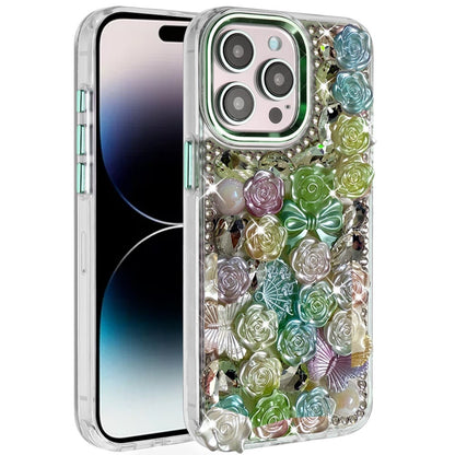 For iPhone 14 Pro Max (6.7") Muti-Color Floral Fashion Bling Crystal 3D Full Diamonds Stones Sparkle Rhinestone Glitter Hybrid Case Cover Green