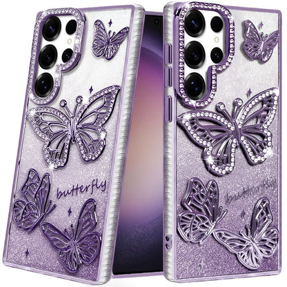 For Samsung Galaxy S23 Ultra Luxury Butterfly Sparkle Glitter Diamond Crystal Rhinestone Shimmer Bling Plating Thick TPU Hard PC Case Cover