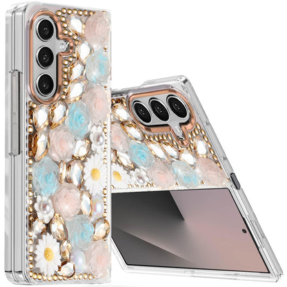 For Samsung Galaxy Z Fold 7 Fashion Daisy Floral Series, Full 3D Bling Crystal Diamonds Sparkling Rhinestone Glitter Hybrid Design Case Cover