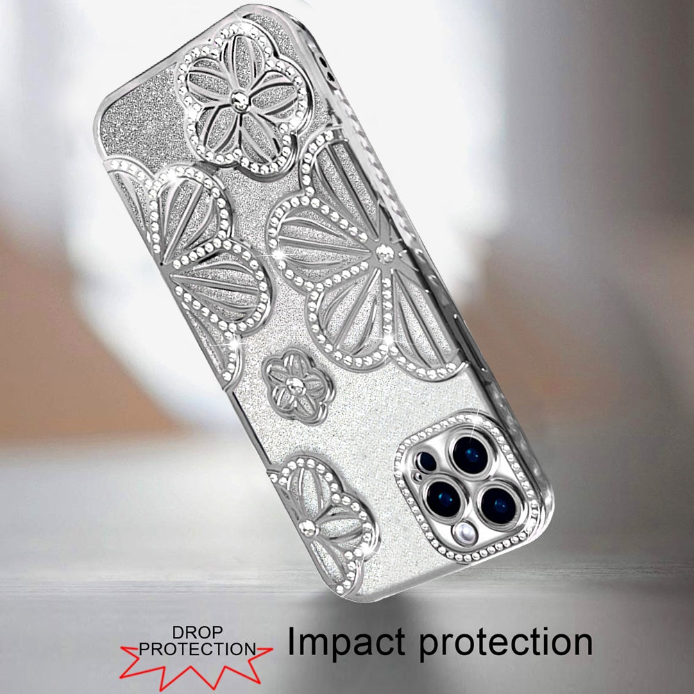 For Apple iPhone 11 Pro Max Luxury Flower Design Sparkle Glitter Diamond Rhinestone Shimmer Bling Plating Thick TPU Hard PC Case Cover