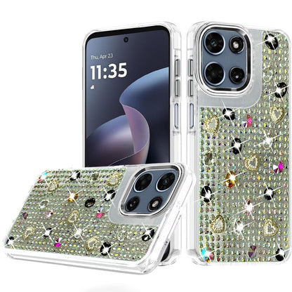 Phone Case for Motorola Moto G Play 5G 2026 Chrome Fashion Hybrid Bling Diamond Heart Rhinestone Decorative Stones Sparkling Embellished Design Cover Black
