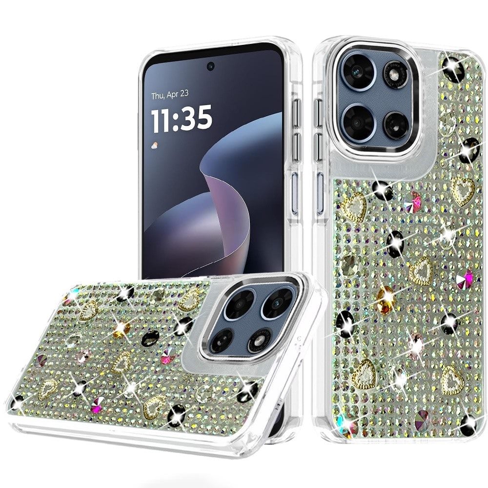 Phone Case for Motorola Moto G 5G 2026/ 2025 Chrome Fashion Hybrid Bling Diamond Heart Rhinestone Decorative Stones Sparkling Embellished Design Cover Black