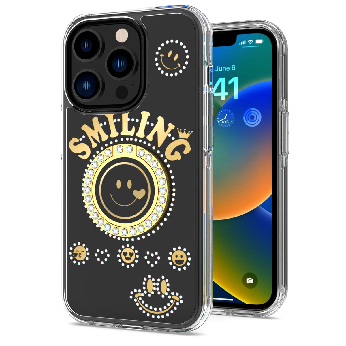 For Apple iPhone 17E /16E Smiling Glitter Bling Ornament Hybrid Shockproof Stylish Sparkle Design Secure Grip Durable Protection Case Cover Black
