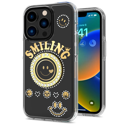 For Apple iPhone 17E /16E Smiling Glitter Bling Ornament Hybrid Shockproof Stylish Sparkle Design Secure Grip Durable Protection Case Cover Black