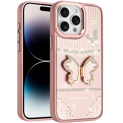 Phone Case for iPhone 14 Pro Max Glitter Bling Butterfly Stand Metallic Edge Hybrid Shockproof Grip Durable Camera Protection Stylish Design Cover