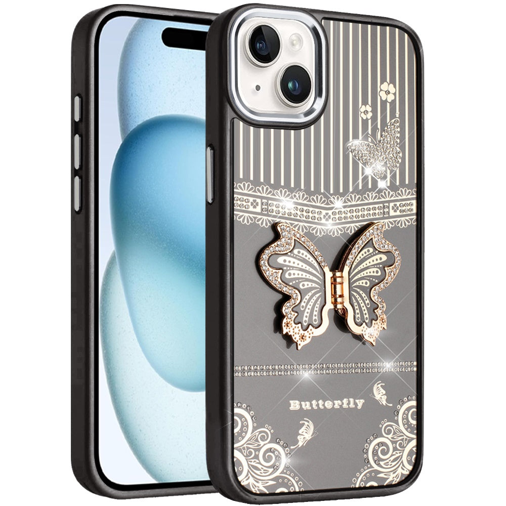 For Apple iPhone 17E /16E Glitter 3D Butterfly Design Bling Metallic Edge Hybrid Stand Drop Protection TPU Shockproof Case Cover