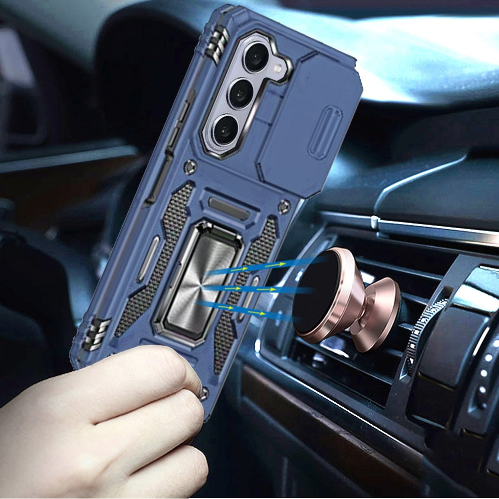 For Samsung Galaxy Z Fold 7 Tough Hybrid Case with Movable Camera Window & Metal Ring Stand Shockproof Case Cover Navy Blue