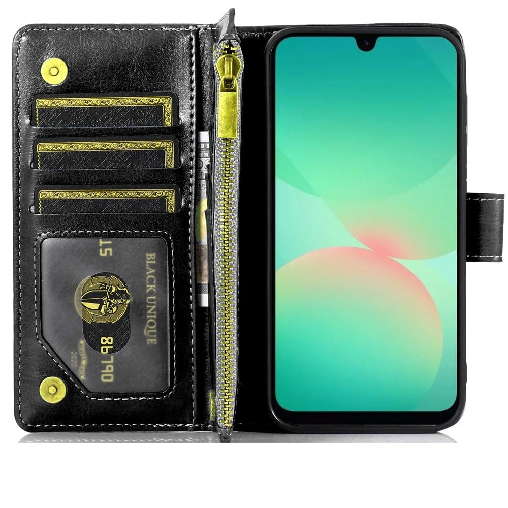 Phone Case for Samsung Galaxy A27 Luxury Leather Wallet Card Holder Zipper Pocket Money Storage Protective Grip Design with Strap Cover