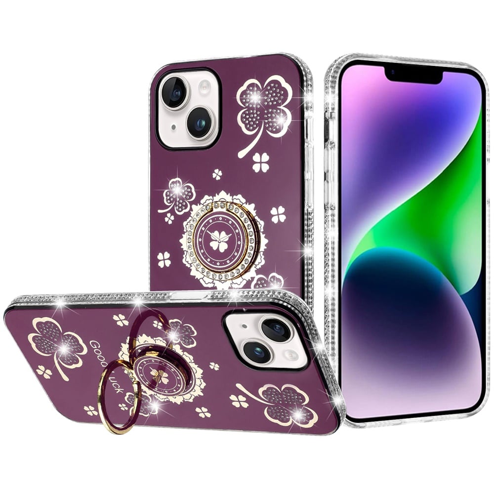 Phone Case for iPhone 14 Glitter Diamond Ring Stand Sparkle Rhinestone Edge AntiSlip Kickstand Luxury Fashion Bumper Shockproof Cover Red