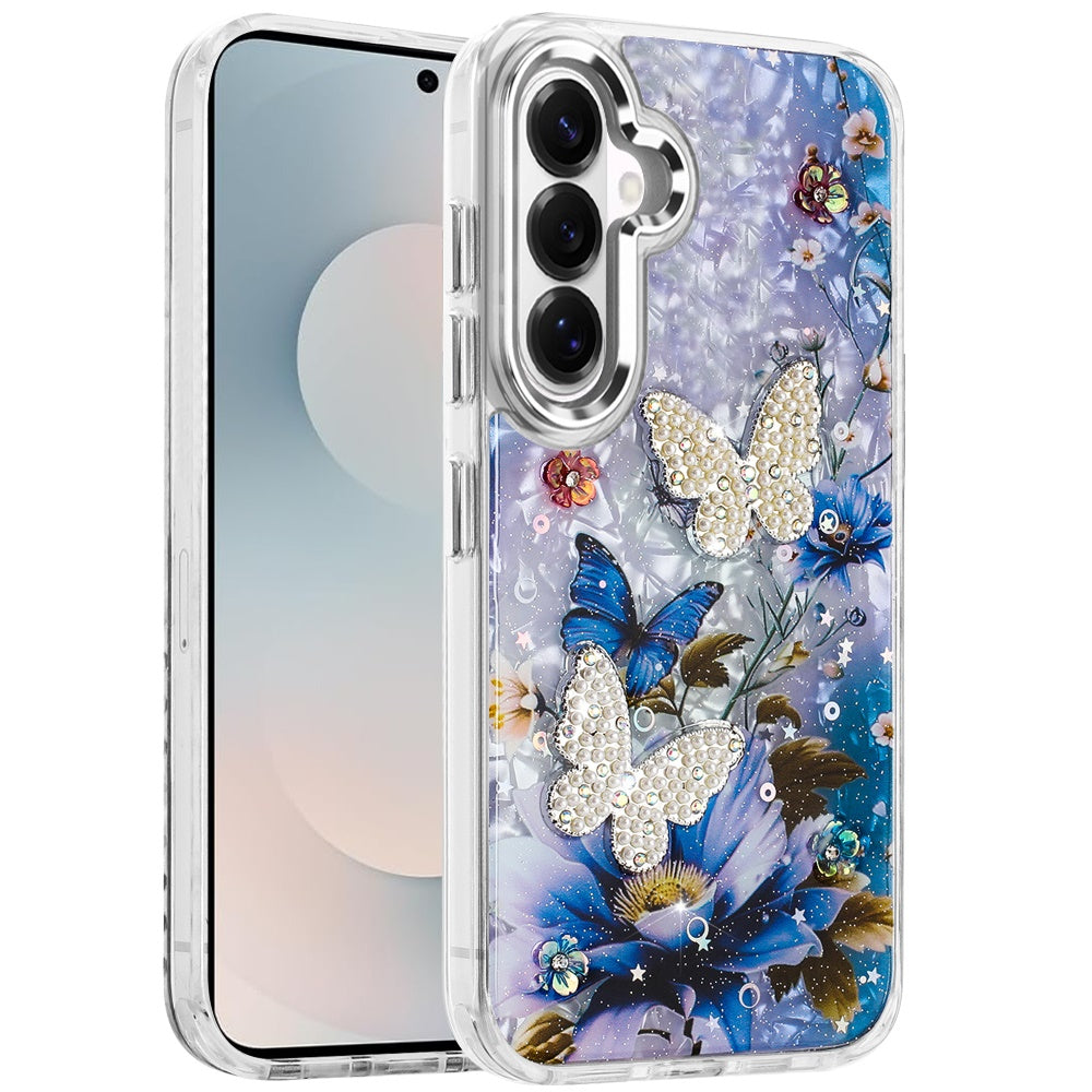 For Samsung Galaxy S26 Epoxy Glitter Flowers Bling 3D Butterfly Fashion TPU Hybrid with Shockproof Protection Case Cover