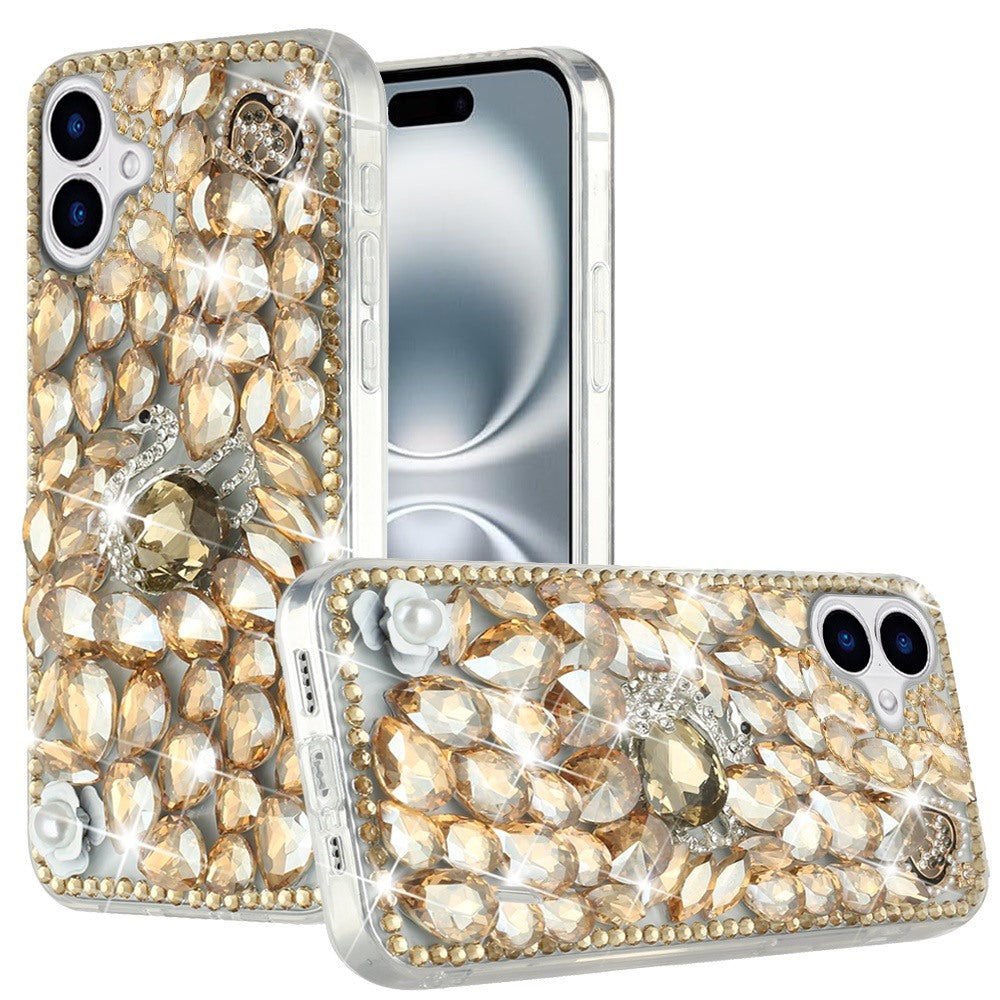For Samsung Galaxy Z Flip 7 FE Bling Crystal 3D Full Diamonds Luxury Sparkle Rhinestone Hybrid Protective Case Cover Gold Swan Crown Pearl