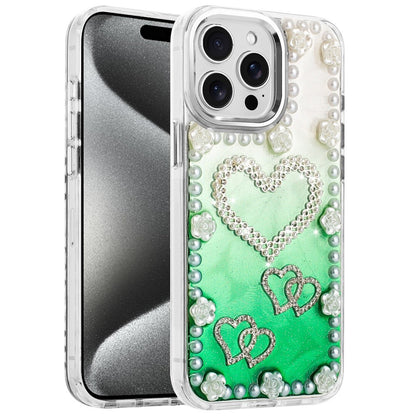 For Apple iPhone 13 Pro Max Bling Fashion Design with 3D Pearls Epoxy Glitter Ornaments Chrome Edge Hard Slim PC Case Cover