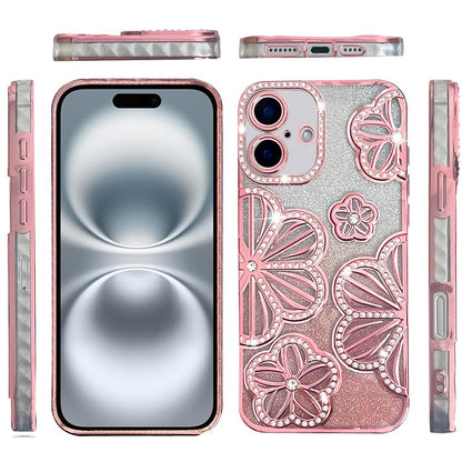 Phone Case for Apple iPhone 16 Shimmer Glitter Floral Thick TPU Shockproof Durable Grip Camera Protection Anti-Scratch Stylish Design Cover Gold
