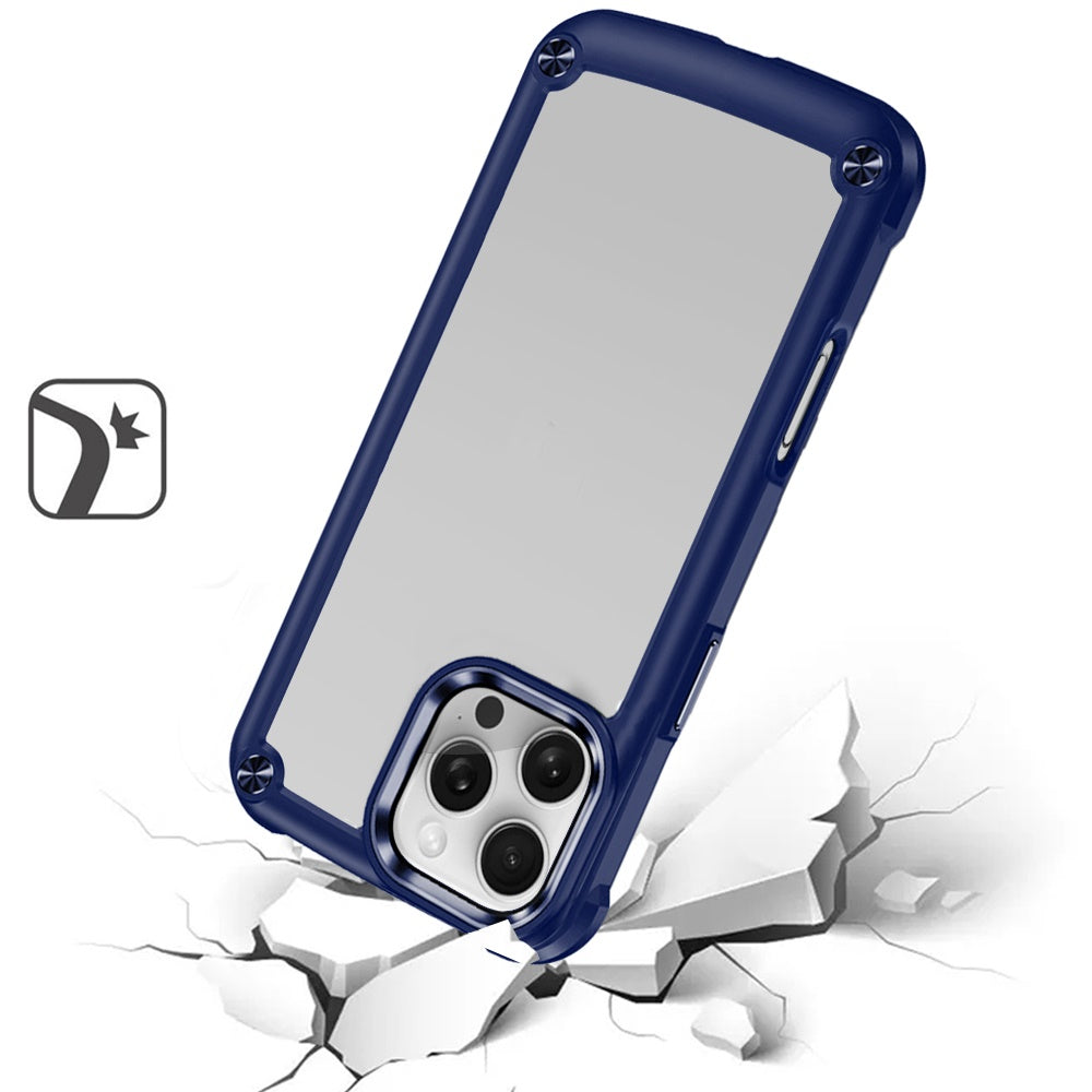 Phone Case for iPhone 16 Pro Max Transparent Hybrid Metal Button Camera Edge Shockproof Bumper Frame TPU Protective Slim Grip Durable Cover Blue