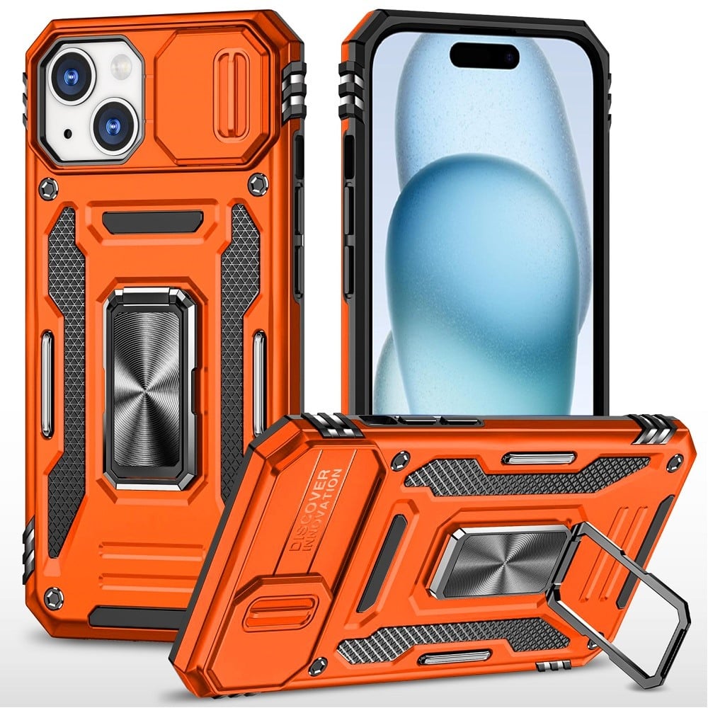 For iPhone 15 Plus (6.7") Tough Hybrid Case with Movable Camera Window & Metal Ring Stand Shockproof Case Cover Cosmic Orange