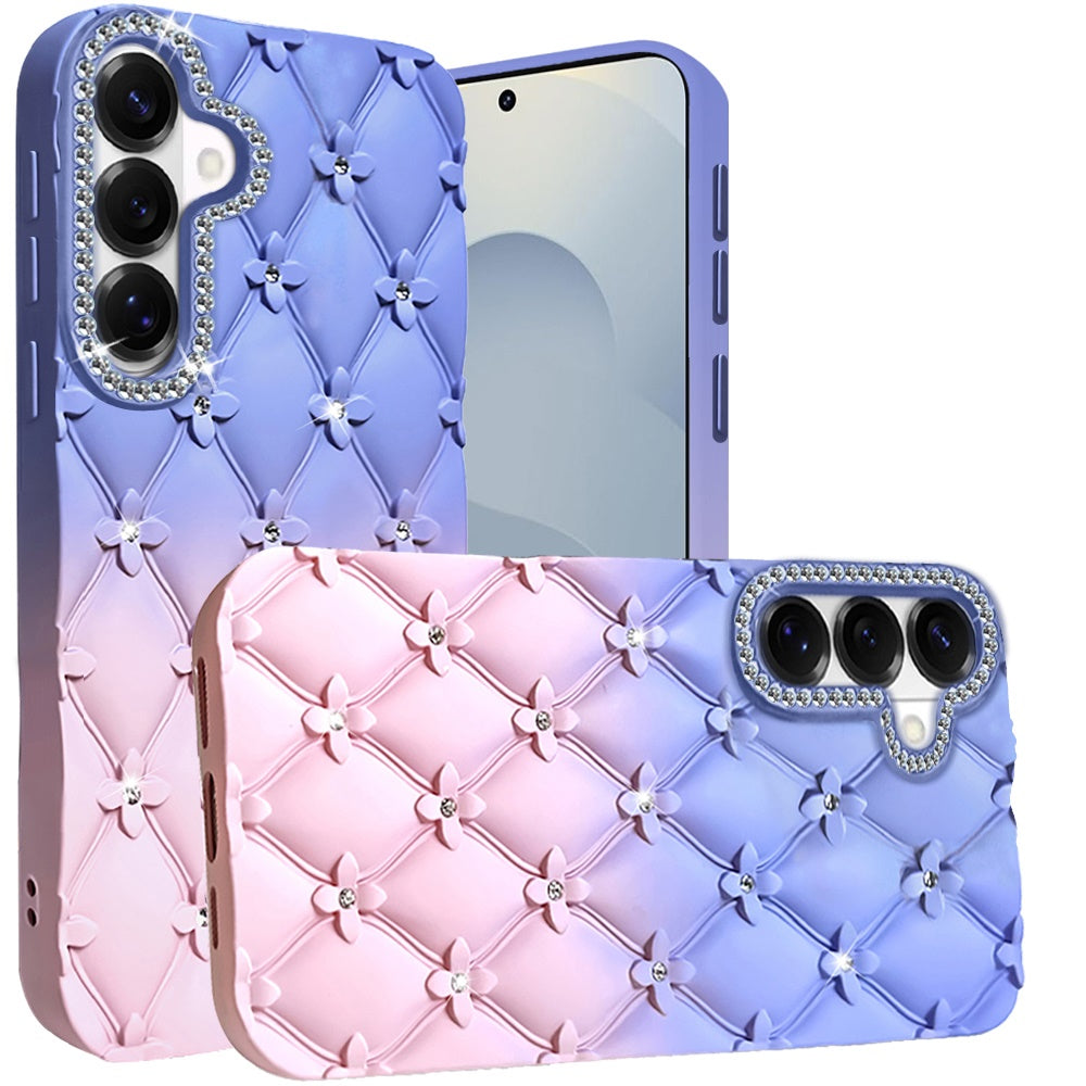 For Samsung Galaxy S26 Fashion Flower Design Sparkle Glitter Shimmer Rhinestone Bling Floral Accents, Leather Texture TPU Case Cover