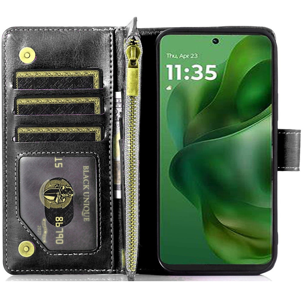 For Samsung Galaxy A57 Leather Wallet Case with Zipper, 9 Card Slots, Cash Pocket, Stand & Strap, Clutch Pouch Design Case Cover Black
