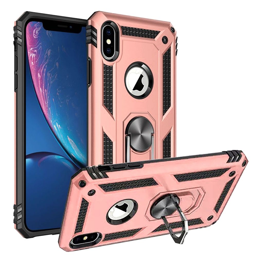 For iPhone XR Hybrid Shockproof Durable 360 Degree Rotatable Ring Stand Holder Kickstand Fit Magnetic Car Mount Case Cover Rose Gold