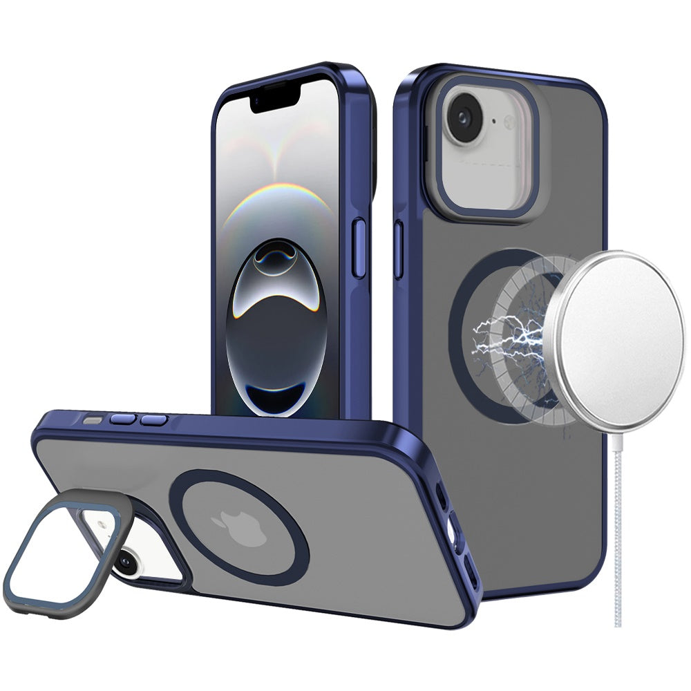 For Apple iPhone 16e Tough HQ Hybrid Case with Aluminum Frame Camera Stand, Compatible with MagSafe, Translucent Matte Shockproof Case Cover