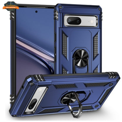 For Google Pixel 9 Pro XL (6.8") Shockproof Hybrid Dual Layer PC TPU with Ring Stand Metal Kickstand Heavy Duty Armor Shell Case Cover