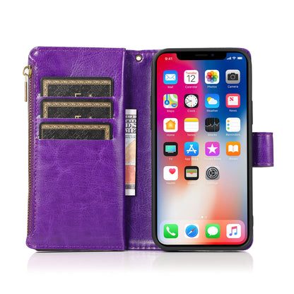 For Apple iPhone 16 Pro Max (6.9") Leather Zipper Wallet Case 9 Credit Card Slots Cash Money Pocket Clutch Pouch Stand & Strap Case Cover Purple