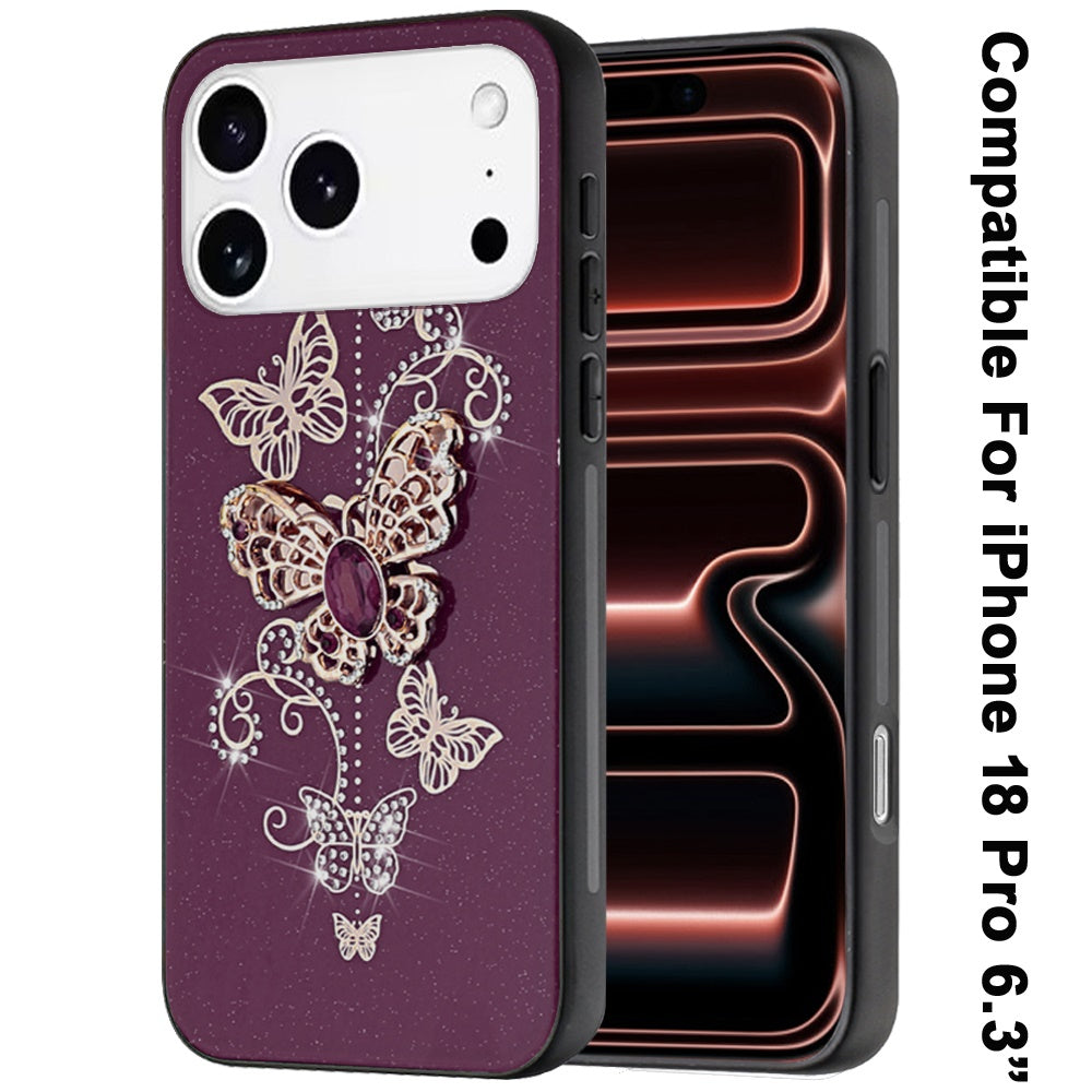 Phone Case for Apple iPhone 18 Pro Diamond 3D Fashion Floral Glitter Engraved Luxury Bling Hybrid Shockproof Chrome Edge Protective Grip Cover
