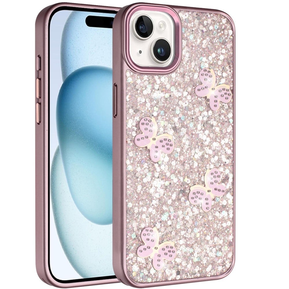 Phone Case for Apple iPhone 15 Plus Cute Butterfly Diamond Glitter Metallic Hybrid Shockproof Shimmer Grip Stylish Protective Luxury Designer Cover