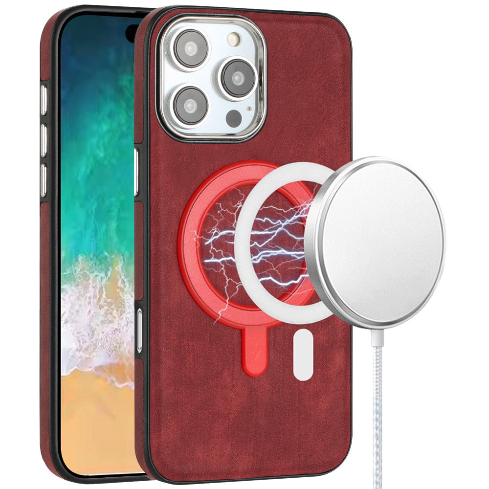 For Apple iPhone 16 Pro Max (6.9") PU Vegan Leather Chrome Edged Hybrid Hard PC TPU Rubber Compatible with MagSafe Case Cover