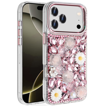 Phone Case for Apple iPhone 17 Pro Max Full Bling Rhinestone Glitter Floral Luxury Hybrid Shockproof Stylish Sparkling Protective Designer Ornament Cover Pink