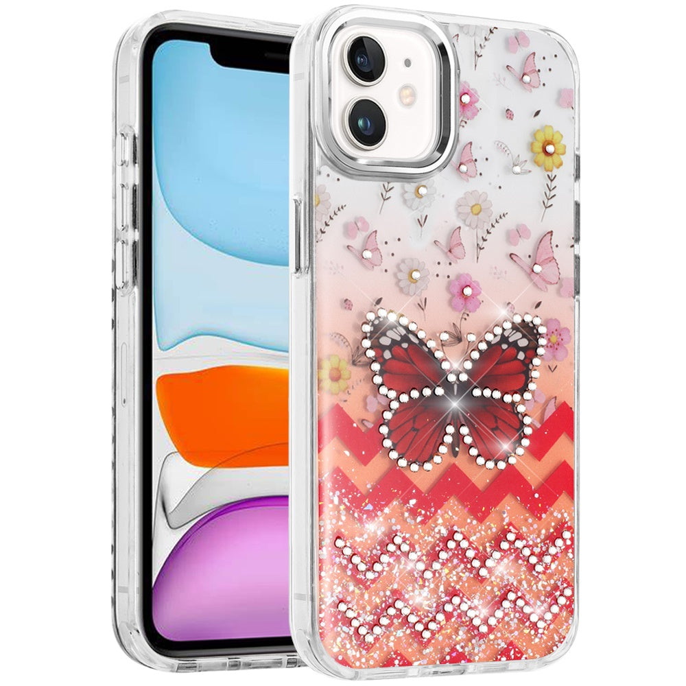 For Apple iPhone 11 Butterfly Resin Epoxy Diamond Design Metal Edged Hybrid Shockproof Heavy Duty Drop Protection Case Cover