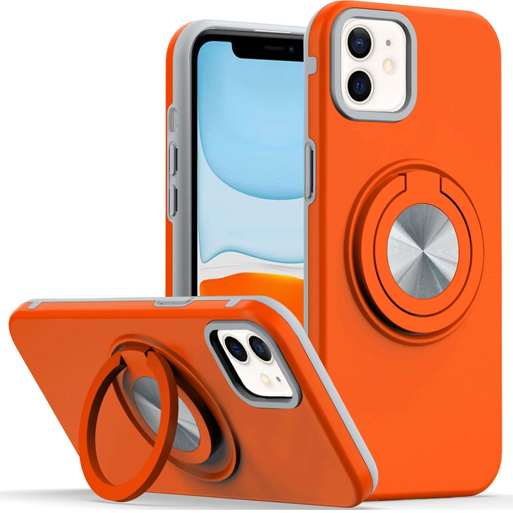 For Apple iPhone 11 Metal Matte Hybrid with Invisible Rotational Ring Stand, Car Mount Friendly, Military Grade Slim Fit Sturdy Case Cover Cosmic Orange