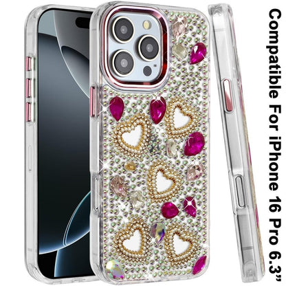 Phone Case for Apple iPhone 16 Pro Luxury Crystal Heart Rhinestone Diamond Bling Shockproof Hybrid Glitter Protective Stylish Durable Grip Cover