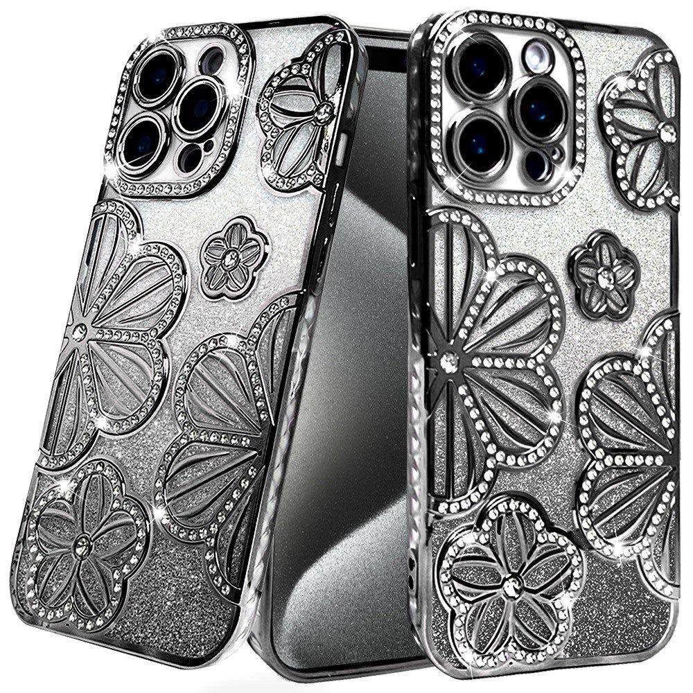 For Apple iPhone 15 Pro Max Luxury Flower Design Sparkle Glitter Diamond Rhinestone Shimmer Bling Plating Thick TPU Hard PC Case Cover