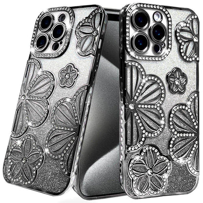 For Apple iPhone 15 Pro Max Luxury Flower Design Sparkle Glitter Diamond Rhinestone Shimmer Bling Plating Thick TPU Hard PC Case Cover