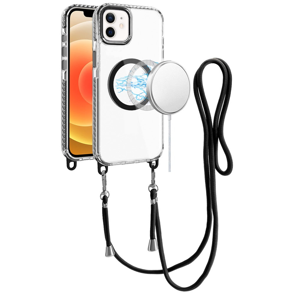 For Apple iPhone 11 Clear Magnetic Frame PC Back Shockproof Protective Case with Detachable Lanyard Strap, Compatible with MagSafe Case Cover