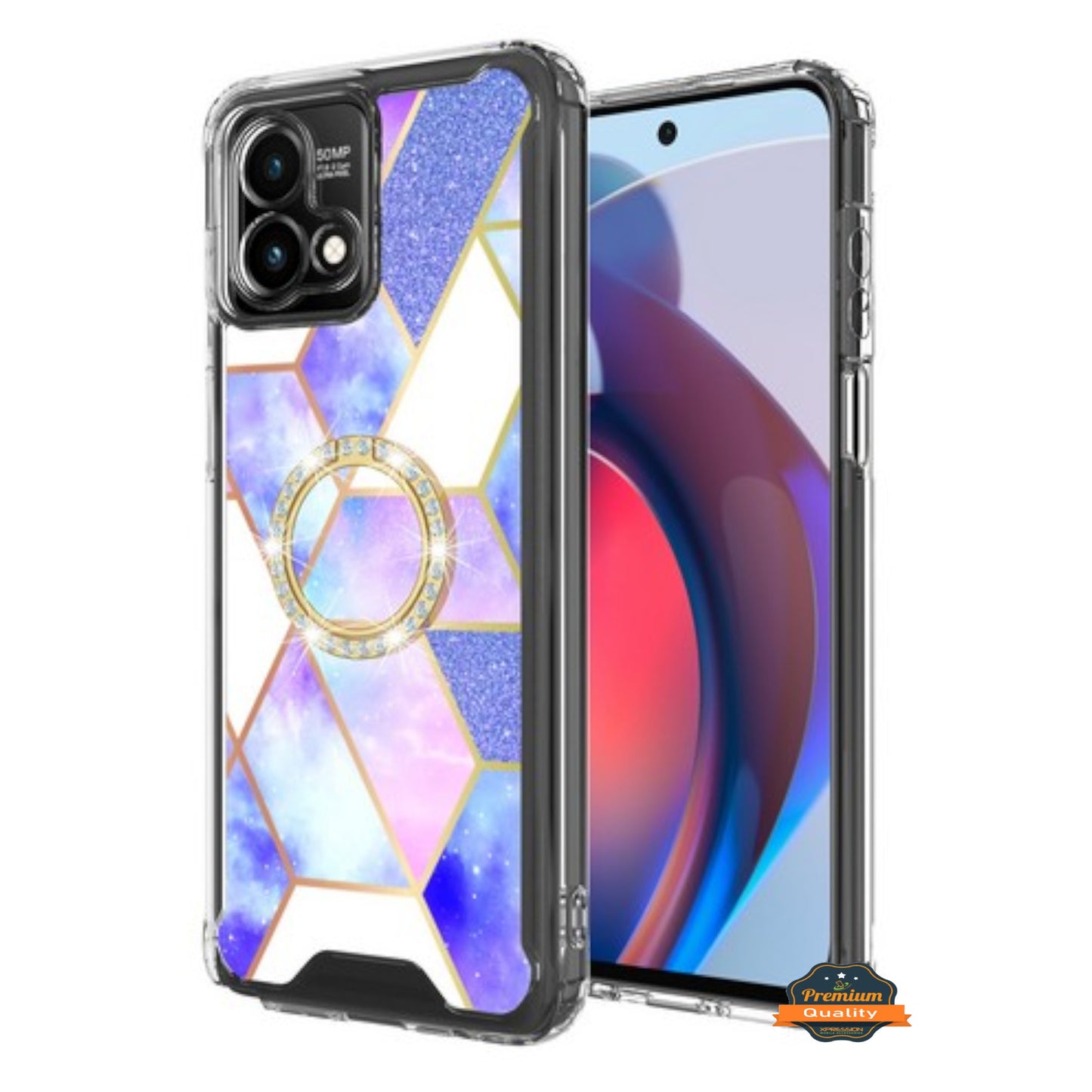 For Motorola Moto G Stylus 5G 2025 Fashion Design Bling Diamond Hybrid Protective Case, Ring Kickstand Hard PC + TPU Case Cover