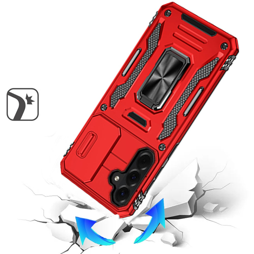 For Samsung Galaxy A37 Tough Hybrid Case with Movable Camera Window & Metal Ring Stand Shockproof Case Cover