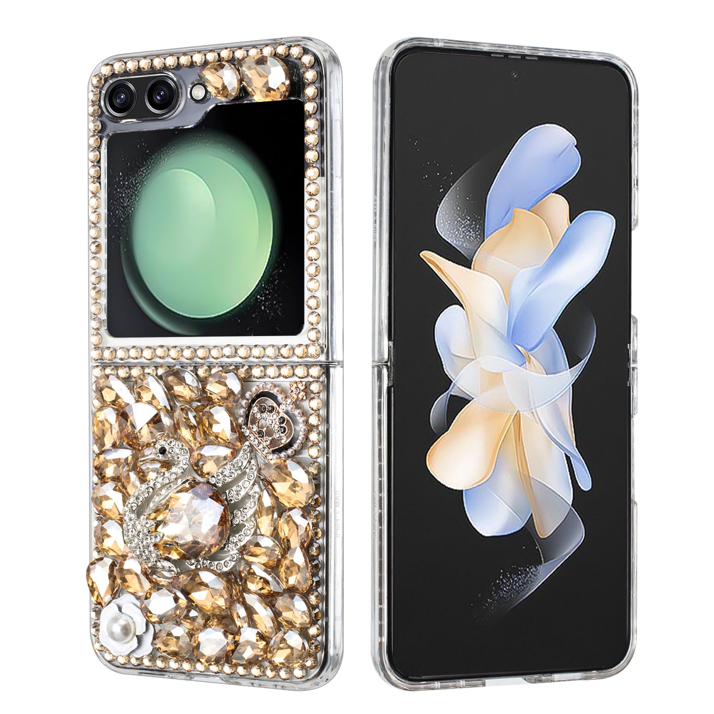 For Samsung Galaxy Z Flip 7 FE Bling Crystal 3D Full Diamonds Luxury Sparkle Rhinestone Hybrid Protective Case Cover Gold Swan Crown Pearl