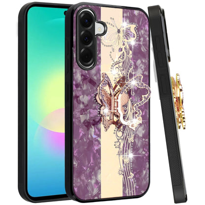 Phone Case for Samsung Galaxy A27 Diamond 3D Fashion Floral Glitter Engraved Luxury Bling Hybrid Shockproof Chrome Edge Protective Grip Cover Purple