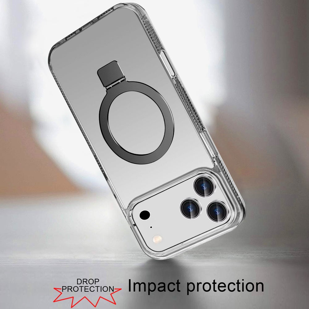 For Apple iPhone 17 Pro (6.3") Transparent Magnetic Ring Circle Stand with MagSafe Compatible Hybrid Dotted Edged Hard PC Shockproof Case Cover Black