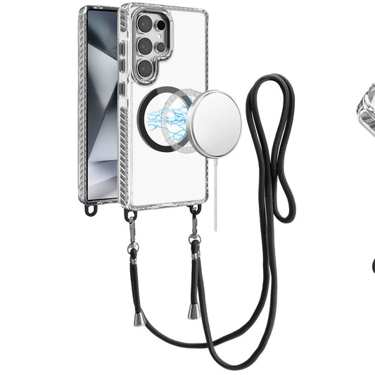 For Samsung Galaxy S25 Ultra Clear Magnetic Frame PC Back Shockproof Protective Case with Detachable Lanyard Strap, Compatible with MagSafe Case Cover