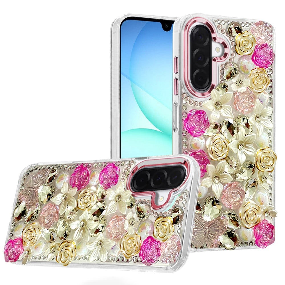 For Samsung Galaxy A37 3D Diamond Floral Roses Flower Bling Stone Hybrid, Sparkly Rhinestone Gemstone Back Shockproof Case Cover