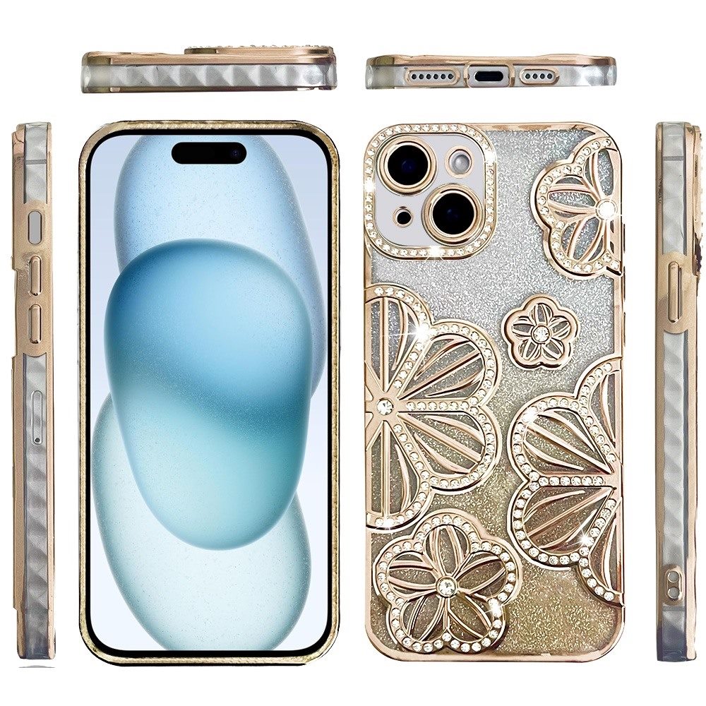 For Apple iPhone 16 Plus (6.7") Luxury Floral Design Sparkle Glitter Diamond Crystal Rhinestone Shimmer Bling Plating Thick TPU Hard PC Case Cover