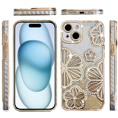 For Apple iPhone 15 /6.1" Luxury Floral Design Sparkle Glitter Diamond Crystal Rhinestone Shimmer Bling Plating Thick TPU Hard PC Case Cover