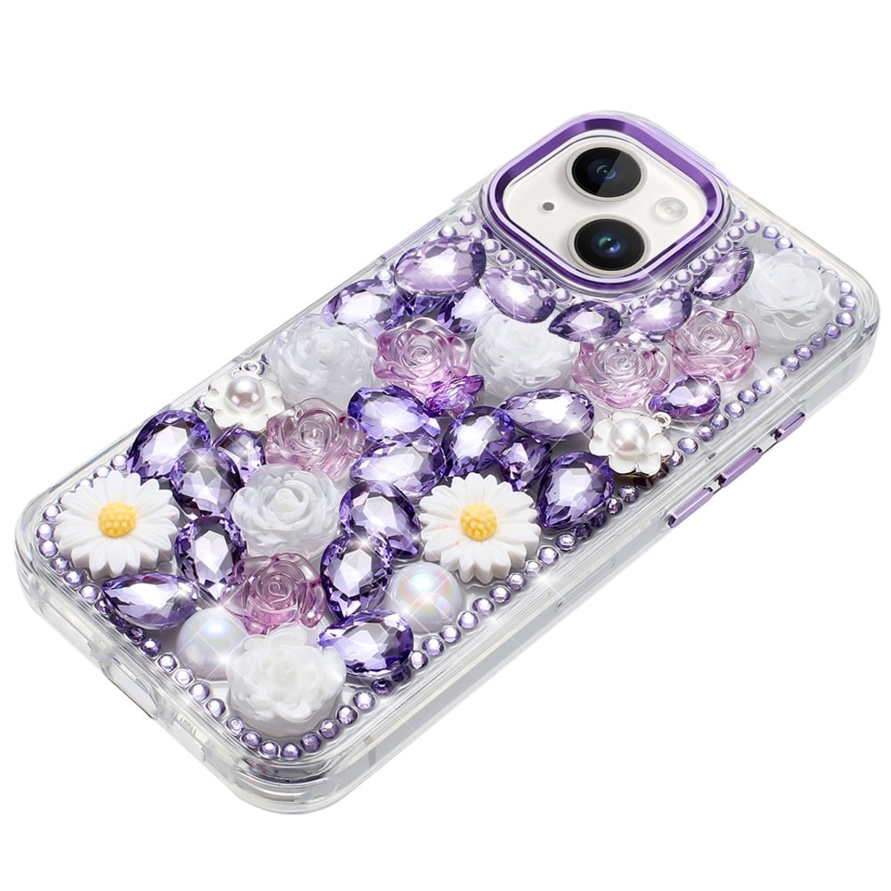 Phone Case for iPhone 15 Plus (6.7") Full Bling Rhinestone Glitter Floral Luxury Hybrid Shockproof Stylish Sparkling Protective Designer Ornament Cover