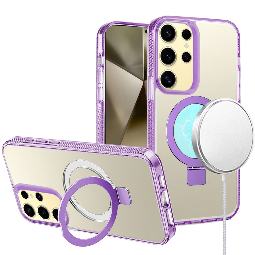 For Apple iPhone 17E /16E Transparent Magnetic Ring Circle Stand with MagSafe Compatible Hybrid Dotted Edged Hard PC Shockproof Case Cover Light Purple