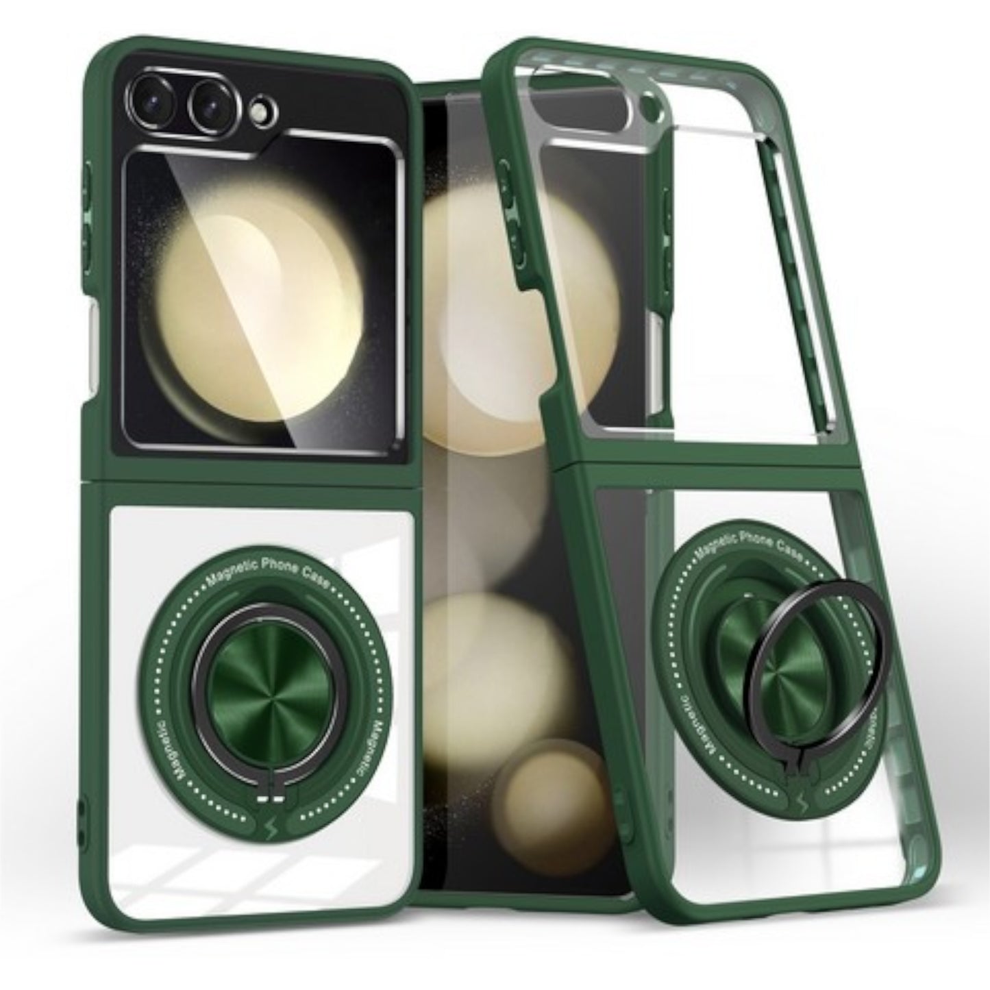 For Samsung Galaxy Z Flip 7 Clear Transparent Back Hybrid with Rotating Ring Stand, MagSafe Compatible Shockproof Slim TPU PC Case Cover