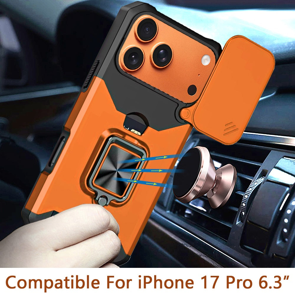 For Apple iPhone 17 Pro (6.3") Wallet Case with Ring Stand & Slide Camera Cover Back Credit Card Slot Holder, Military Grade Case Cover